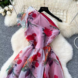 Elegant Diagonal Shoulder Three-dimensional Lace Printed Floral Mesh Dress HZ1024