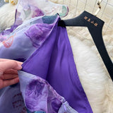 Elegant Diagonal Shoulder Three-dimensional Lace Printed Floral Mesh Dress HZ1024