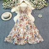 Boho Style V-neck Spaghetti Strap High-waisted Colorful Floral Dress HZ1024