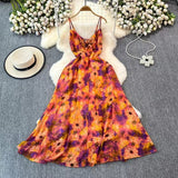 Boho Style V-neck Spaghetti Strap High-waisted Colorful Floral Dress HZ1024