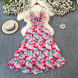 Boho Style V-neck Spaghetti Strap High-waisted Colorful Floral Dress HZ1024