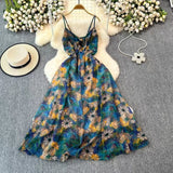 Boho Style V-neck Spaghetti Strap High-waisted Colorful Floral Dress HZ1024