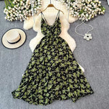 Boho Style V-neck Spaghetti Strap High-waisted Colorful Floral Dress HZ1024