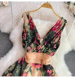 New Stylish Elegant V-neck High-waisted Floral Dress HZ1024