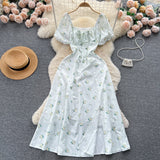 Vintage Simple Square Collar Puffed Sleeves Floral Dress HZ1024