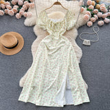 Vintage Simple Square Collar Puffed Sleeves Floral Dress HZ1024