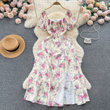 Vintage Simple Square Collar Puffed Sleeves Floral Dress HZ1024