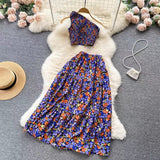 New Seaside Holiday Fashion Short Sleeveless Top High Waist Floral Skirt Two-piece Set HZ1024