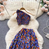 New Seaside Holiday Fashion Short Sleeveless Top High Waist Floral Skirt Two-piece Set HZ1024