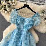 New French Audrey Hepburn Style Puff Sleeve Organza Floral Ball Gown HZ1024