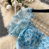 New French Audrey Hepburn Style Puff Sleeve Organza Floral Ball Gown HZ1024