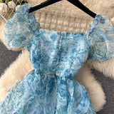 New French Audrey Hepburn Style Puff Sleeve Organza Floral Ball Gown HZ1024