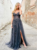 Elegant A line sweetheart neck tulle lace off shoulder long prom dress HZ1024