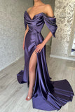 GLAMOROUS LONG PURPLE OFF-THE-SHOULDER SLEEVELESS EVENING PARTY GOWNS LONG SLIT HZ1024