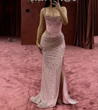 Vintage Pink Sparkling Beaded Mermaid Spaghetti Strap High Split Sexy Long Prom Dress Evening Dress HZ1024