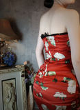 Vintage Red Floral Design Satin Strapless Romantic A-line Short Homecoming Dress HZ1024