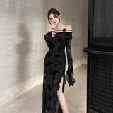 Elegant Black Party Slim-fit Split Dress One-shoulder Long-sleeved Dress HZ1024