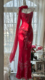 Vintage Red Chiffon Shiny Beaded Spaghetti Strap Mermaid Long Prom Dress Evening Dress HZ1024