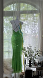 Vintage Shiny Sequin Green Spaghetti Strap Design A-line Romantic Chiffon Evening Dress Prom Dress HZ1024