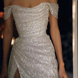 Sparkly Ivory Mermaid Off Shoulder High Slit Cheap Long Prom Dresses Online HZ1024