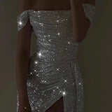 Sparkly Ivory Mermaid Off Shoulder High Slit Cheap Long Prom Dresses Online HZ1024