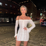 Vintage White Lace Off-the-shoulder Sheath Long-sleeved Short Summer Dresses Party Dress Homecoming Dress HZ1024