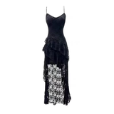 Fashion Black Irregular Ruffled Lace Hem Dress A-line Sleeveless Spaghetti Strap Dress HZ1024
