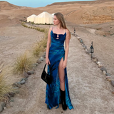 Vintage Print Navy Blue Spaghetti Strap Sexy Waist Slit Dress HZ1024