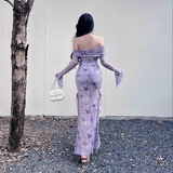 Women Elegant Mesh Butterfly Print Lavender Slim Long-sleeved Dress HZ1024