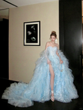 Gorgeous Shiny Light Blue Strapless Design A-Line Tulle Wedding Dress Prom Dress Evening Dress HZ1024