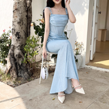 Vintage Shiny Light Blue Spaghetti Strap Mermaid Long Summer Dresses Prom Dress Evening Dress HZ1024