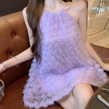 Fashion Purple 3D Flowers Tulle Design A-line Halter Homecoming Dress HZ1024