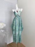 New Fashion Flora V-neck Design Beach Holiday A-line Spaghetti Strap Dress HZ1024