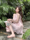 Stylish Pink Patchwork Ruffled Sleeveless Seaside Holiday Halter Dress HZ1024