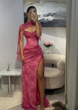 Vintage Fuchsia Sheath Lace Evening Gown High Slit Party Dress Long Formal Dress HZ1024