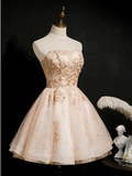 Vintage Champagne Applique Beaded Strapless Design A-line Tulle Party Dress Homecoming Dress HZ1024