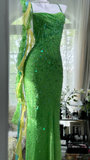 Vintage Shiny Sequin Green Spaghetti Strap Design A-line Romantic Chiffon Evening Dress Prom Dress HZ1024