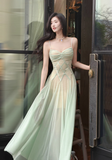Vintage Sage Green Chiffon Prom Dress A-Line Spaghetti Strap Evening Dress Long Formal Dress HZ1024