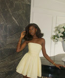 Vintage Faint Yellow Strapless A-Line Homecoming Dress Party Dress Cocktail Dress HZ1024