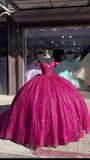 Elegant Hot Pink Sequin Off-the-shoulder Sweet 16 Quinceanera A-Line Tulle Floor-length Prom Dress Birthday Dress Evening Dress Ball Gown HZ1024