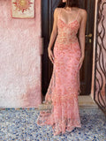 Vintage Pink Lace Sheath Prom Dress Long Evening Dress Spaghetti Strap Formal Dress HZ1024
