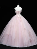 Simple Pink Applique Strapless Sweet 16 Quinceanera A-Line Tulle Floor-length Prom Dress Birthday Dress Evening Dress Ball Gown HZ1024