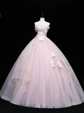 Simple Pink Applique Strapless Sweet 16 Quinceanera A-Line Tulle Floor-length Prom Dress Birthday Dress Evening Dress Ball Gown HZ1024
