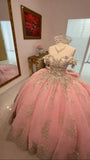 Elegant Sweetheart Pink Beaded Applique Sweet 16 Quinceanera A-Line Floor-length Prom Dress Birthday Dress Evening Dress Ball Gown HZ1024