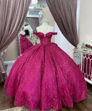 Elegant Hot Pink Sequin Off-the-shoulder Sweet 16 Quinceanera A-Line Tulle Floor-length Prom Dress Birthday Dress Evening Dress Ball Gown HZ1024