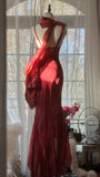 Vintage Red Embroidery Prom Dress Beaded Mermaid Evening Dress Long Formal Dress HZ1024