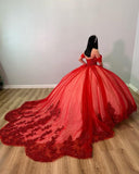 Gorgeous Red Applique Beaded Sweetheart Off-the-shoulder Sweet 16 Quinceanera A-Line Tulle Floor-length Prom Dress Birthday Dress Evening Dress Ball Gown HZ1024
