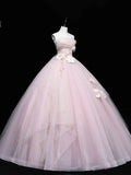 Simple Pink Applique Strapless Sweet 16 Quinceanera A-Line Tulle Floor-length Prom Dress Birthday Dress Evening Dress Ball Gown HZ1024