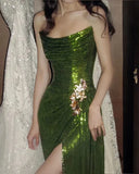 Vintage Dark Green Sheath Sequin Evening Gown Strapless Slit Party Dress Floor Length Formal Dress HZ1024