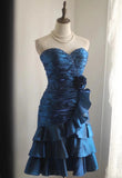 Retro Blue Beading Design A-line Satin Strapless Sweetheart Tiered Party Dresses Homecoming Dresses, HZ1024